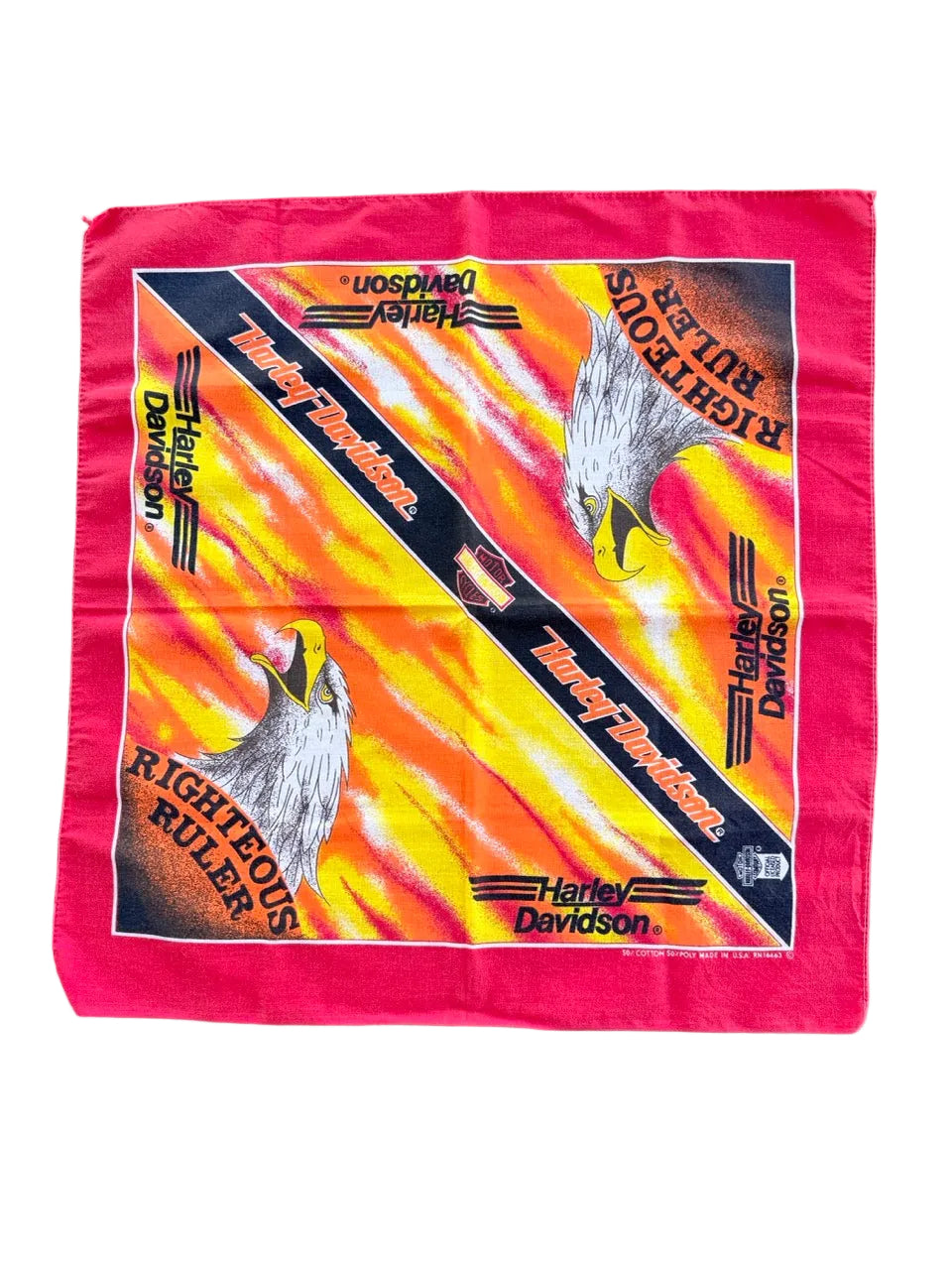 1990s Vintage Harley-Davidson Righteous Ruler Red/Orange Eagle Bandana | 21x21