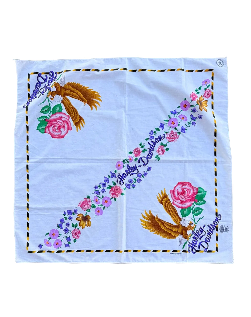 1990s Vintage Harley-Davidson White Eagle & Rose Bandana | 31x25
